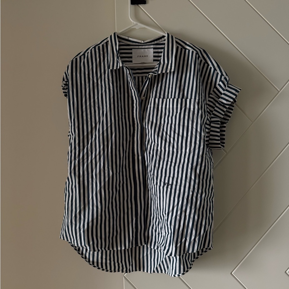 Frame Navy and White Striped Button Down Shirt